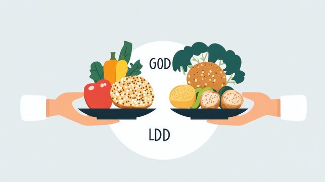 Gambar menunjukkan dua piring makanan sehat dengan label GOD dan LDD.