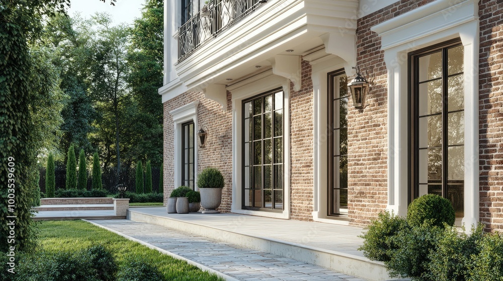Poster brick cladding wall with white stucco borders and accents, creating a refined and timeless architect