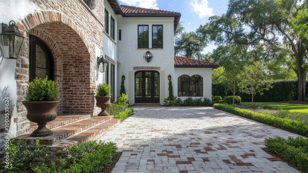 Poster brick cladding wall with white stucco borders and accents, creating a refined and timeless architect