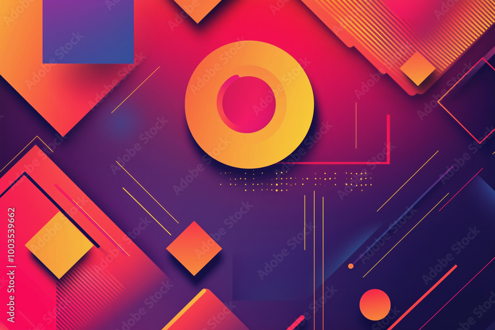 Poster colorful abstract background with a large circle in the middle. The circle is surrounded by squares and triangles. The background is vibrant and energetic, with a sense of movement and creativity