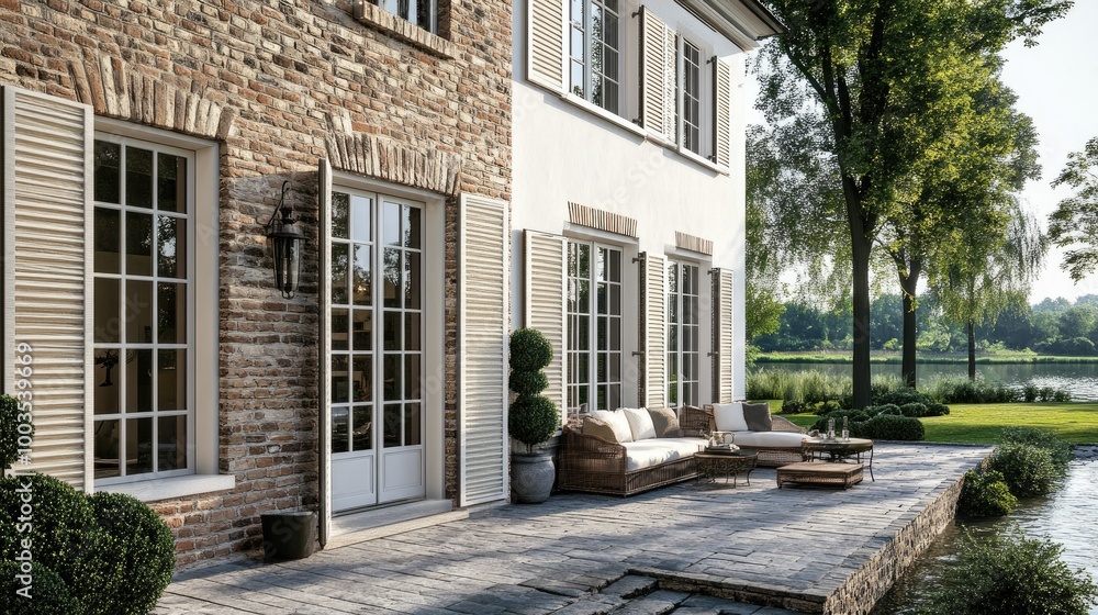 Poster brick cladding wall with white stucco borders and accents, creating a refined and timeless architect