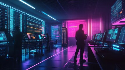 Cyber security experts securing data and monitoring digital threats, with neon-lit servers