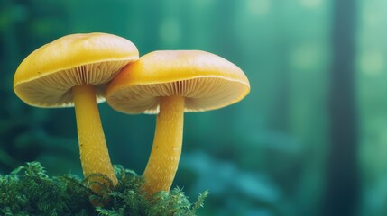 Fototapeta premium Two yellow mushrooms growing in green forest environment