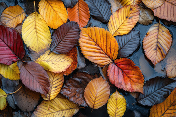 Fototapeta premium Coloured wet leaves lying on a wet road. AI generativ.
