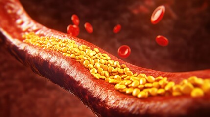 Illustration of a blood vessel with cholesterol buildup and red blood cells.