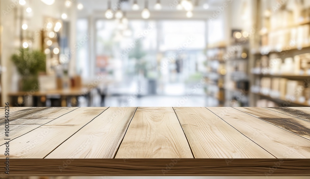 Aufkleber empty wooden table with blurred background of a cafe with lights and shelves.