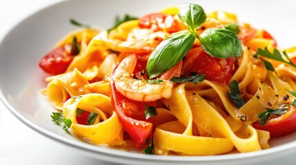 Close-up cinematic shot of a colorful pasta dish, perfectly plated and captured against a bright white background.