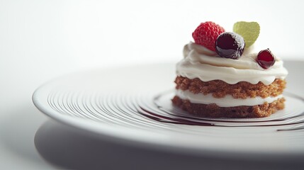 Close-up cinematic shot of a dessert plate with rich textures, perfectly lit against a white background.