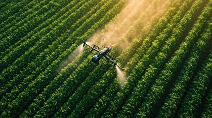 Aerial view of a drone supporting sustainable farming by spraying eco-friendly products on crops