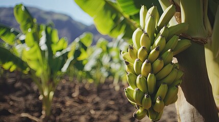 Close-up of a healthy Dwarf Cavendish banana bunch hanging from a tree, with the volcanic soil of Tenerife visible below.