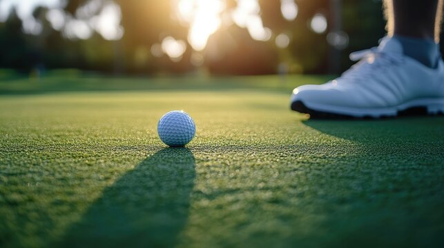 Close-up of a golferaes putt as the ball moves toward the hole on a bright, lush green course, a perfect moment of skill.