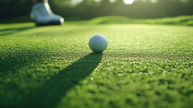 Close-up of a golferaes putt as the ball moves toward the hole on a bright, lush green course, a perfect moment of skill.