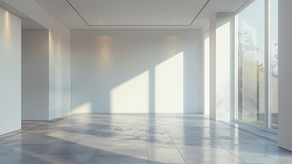 Minimalist sunlit blank room with clean lines with large window overlooking lush green landscape
