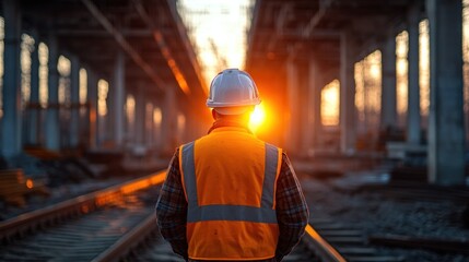 Obraz premium An engineer stands at the construction site of a high-speed rail bridge, with large concrete pillars