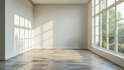 Obraz premium Inviting empty room with large grid-style windows offering view of lush greenery outside