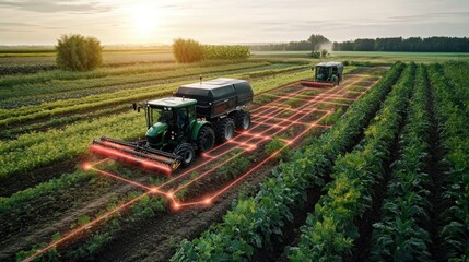 Fototapeta premium Automated farming machinery working in sync on a large-scale farm, showcasing the future of agriculture