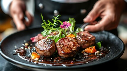 Close-up of juicy veal medallions on a black plate, garnished with sauce drizzles, greens, and a small flower, held by a chef.