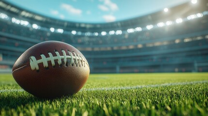 Close-up view of a football on the green grass, with the large stadium stands in soft focus behind, creating a dynamic sports scene.