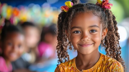 A smiling girl with curly hair in a vibrant setting with children in the background.