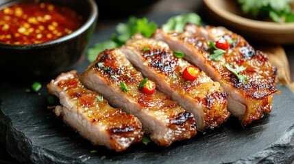 Crispy pork slices garnished with red chili and a side of fish sauce dip, served on a plate with rustic, earthy tones for a spicy meal.