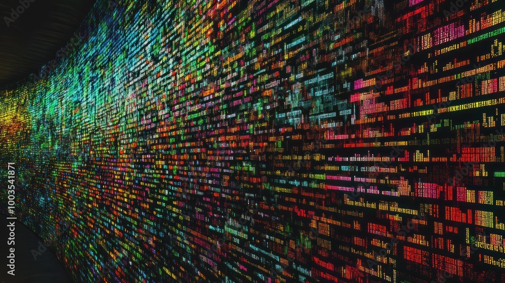 Poster a computer screen displays a large amount of code in various colors