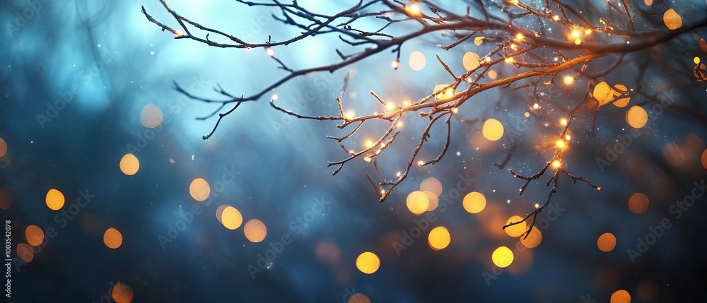 Poster magical blurred lights shining through tree branches creating enchanting forest atmosphere