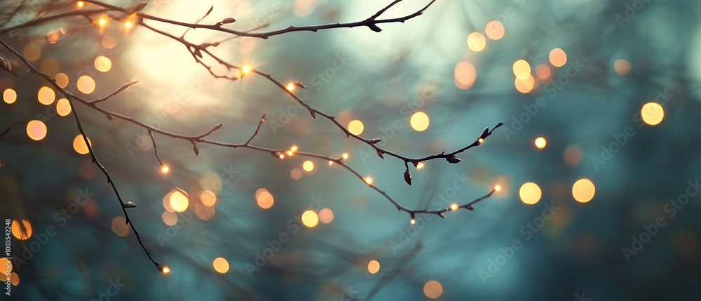 Poster magical blurred lights shining through tree branches creating enchanting forest atmosphere