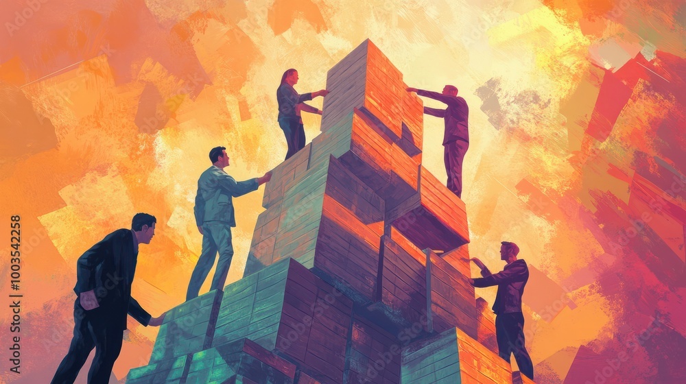 Poster a drawing of a team building a tower of blocks, symbolizing constructing a solid business foundation