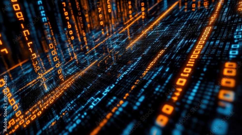 Poster a futuristic digital background of binary code in blue and orange.