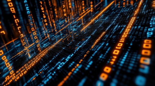 A futuristic digital background of binary code in blue and orange.