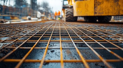 Foundation construction showing extensive wire mesh rebar grids at a large building site