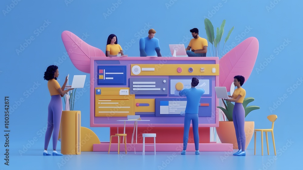 Fototapete web ui ux design teamwork concept 3d illustration. team people building creating website user interf