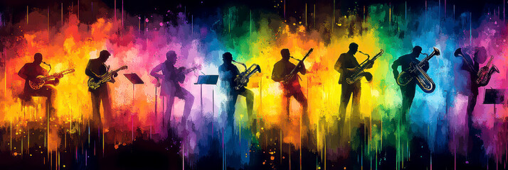 Posters depicting jazz musicians playing against a backdrop of the setting sun. AI generative.