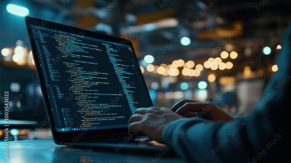 Poster a person programming on a laptop, with code visible on the screen, highlighting logical sequences an