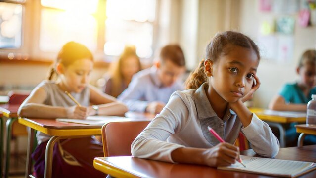 bored girl sitting at desk in classroom at school, writing in notebook and thinking, resting head on hand