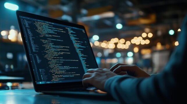 A person programming on a laptop, with code visible on the screen, highlighting logical sequences and systematic order in software development.