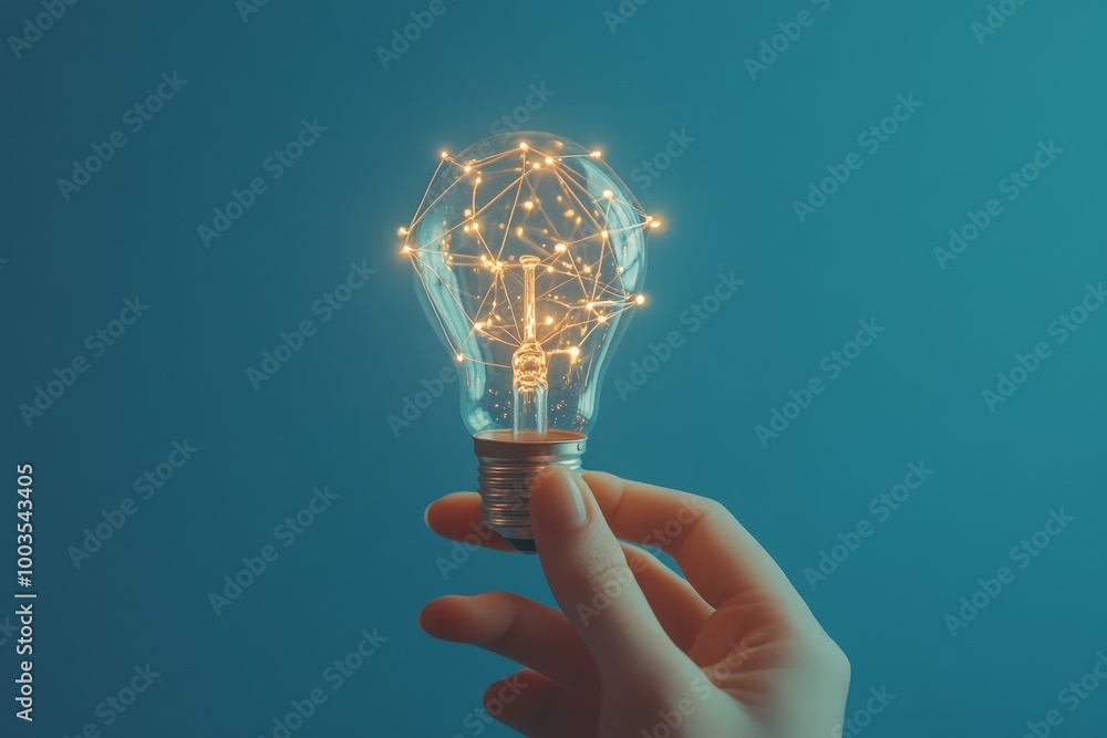 Aufkleber hand holding a glowing lightbulb with a network of lights inside against a blue background.