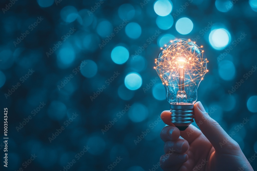 Poster hand holding a glowing lightbulb with connected wires against a blue bokeh background.