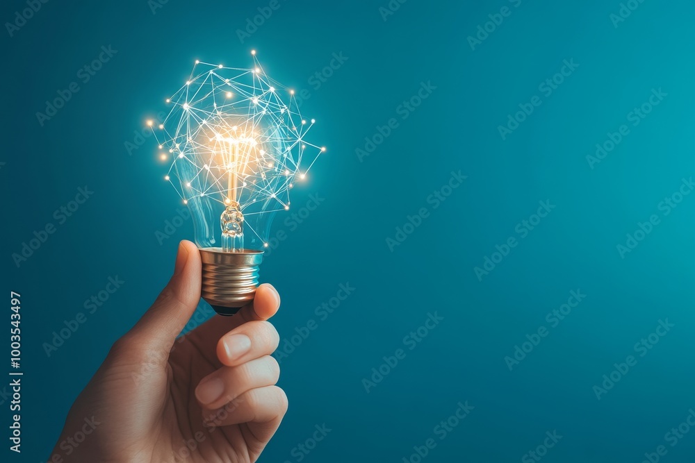 Poster Hand holding a light bulb with a glowing network inside on a teal background.