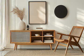 Minimalist Scandinavian Living Room Interior with Wooden Furniture and Neutral Decor, Featuring a Stylish Chair, Sideboard, and Wall Art, Perfect for Modern, Cozy, and Sustainable Design Concepts
