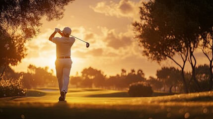 Evening golf scene with a man teeing off, the warm glow of the setting sun highlighting the beauty of the green course.