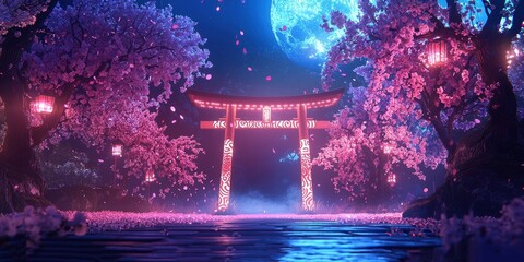 Serene Shrine Amid Glowing Cherry Blossoms Under Moonlit Night Sky