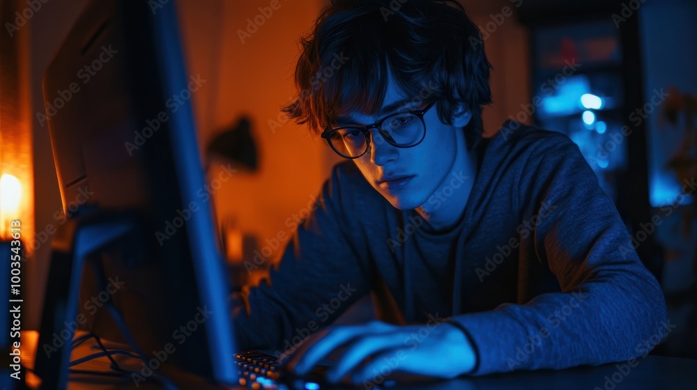Poster a young programmer writes program code while sitting on a modern computer. concept of technology, fr