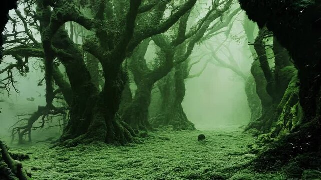 Enchanting forests with ancient moss covered trees and misty atmosphere, 4k video