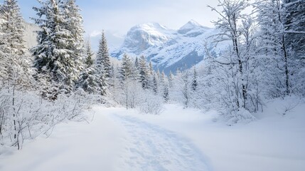 Snow-covered mountain landscape under soft lighting, capturing a peaceful winter scene with a serene atmosphere. The snow-laden peaks and gentle light create a sense of tranquility and natural beauty