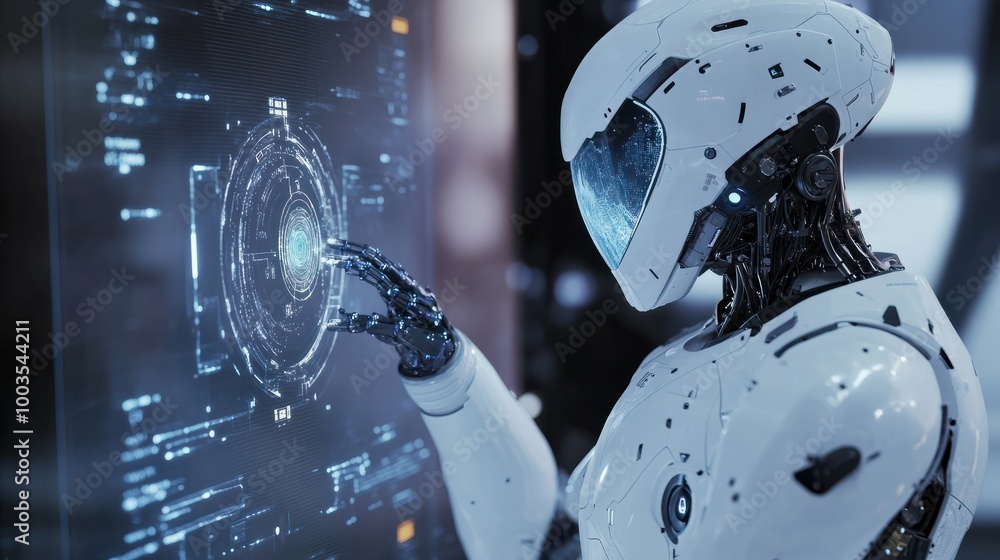 Poster ai cyborg engaged: robot examining virtual hud interface in modern tech frame â machine learning a