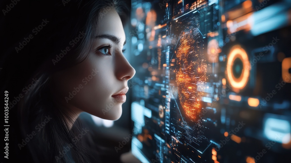 Poster ai generated content concept. artist woman using ai art assistant to generate image.