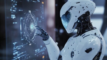 ai cyborg engaged: robot examining virtual hud interface in modern tech frame â machine learning and artificial intelligence concept in computer electronic technology style