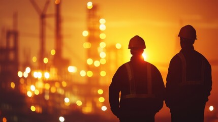 Engineers and construction workers in hard hats standing tall, silhouetted by a glowing light fair