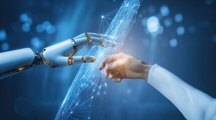 AI, Machine learning, Hands of robot and human touching on big data network connection background, White humanoid hand using digital artificial intelligence icon hologram 3D rendering. Digital data m